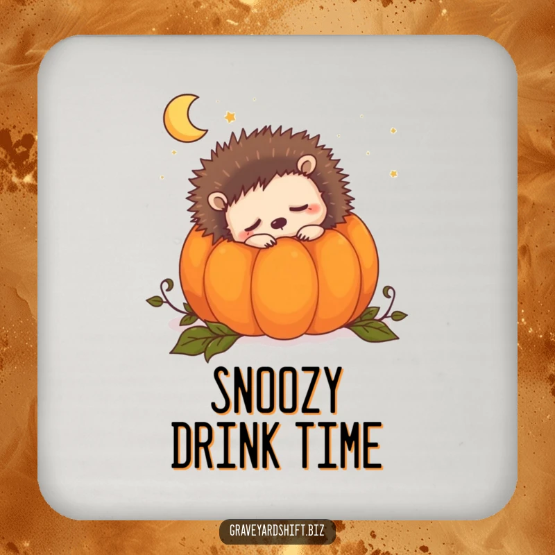 Funny sleepy hedgehog coasters featuring a cute hedgehog snuggled inside a pumpkin, dreaming of the night.