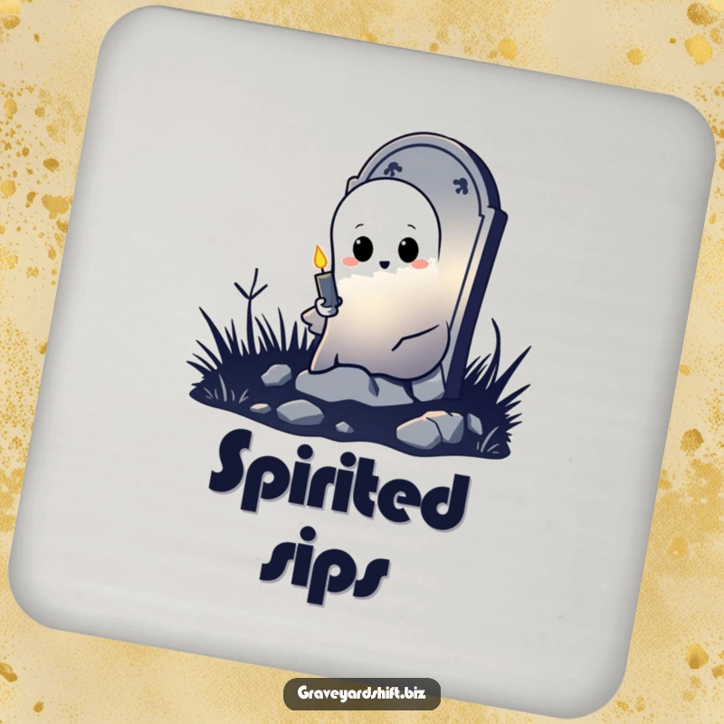 Funny shy ghost coasters peeking from tombstone, holding flickering candle, ideal for humorous surface protection.