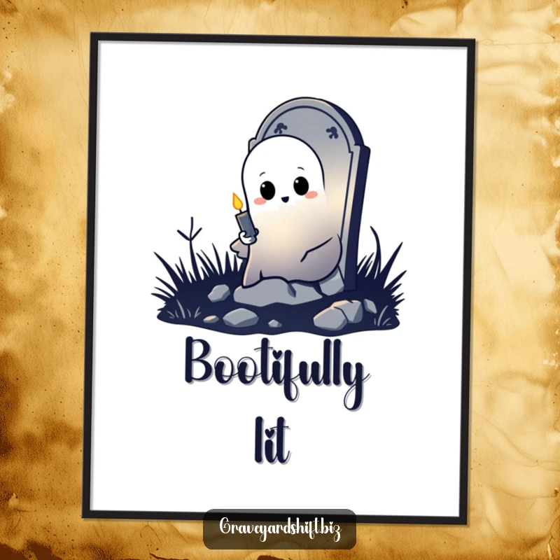 Funny shy ghost poster peeking from tombstone, holding flickering candle, perfect for spooky and humorous wall art.