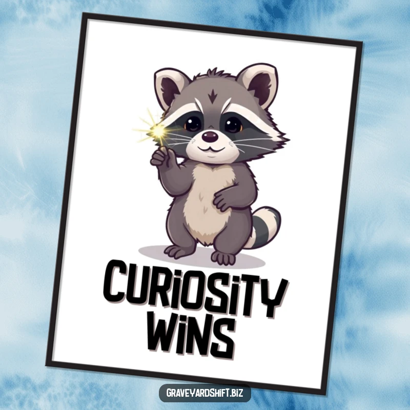 Funny curious raccoon poster poking luminous spiderweb with paw, perfect for nocturnal and humorous wall art.