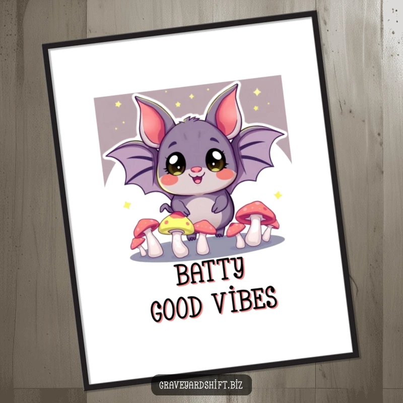 Funny bat juggling poster, wide eyes, glowing mushrooms in the dark, perfect for whimsical and enchanted wall decor.