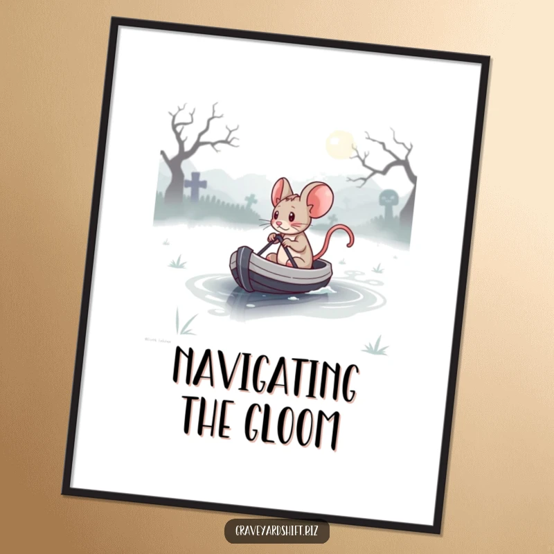 Funny determined mouse in a tiny boat crossing a misty, atmospheric graveyard lake, presented as wall art.