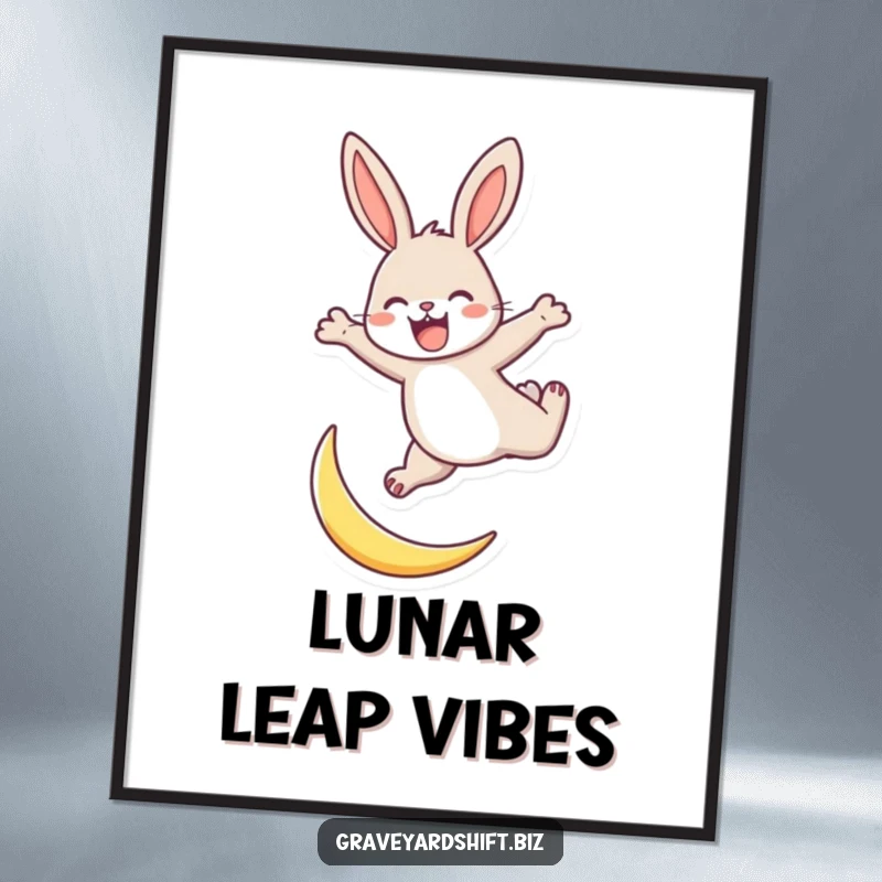 Funny energetic rabbit poster showing a rabbit joyfully leaping over a tiny crescent moon, symbolizing freedom and fun.