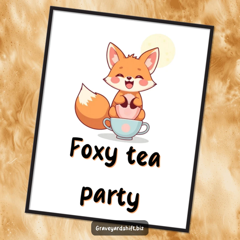 Funny playful fox poster, wide grin, balancing teacups under moonlight, perfect for whimsical and humorous wall art.