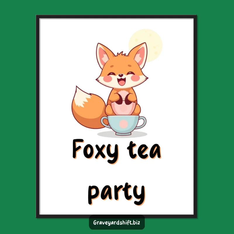 Funny Fox Teacup Poster - Moonlight Tea Party Art Print Gift