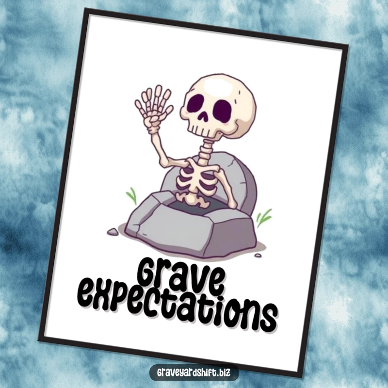 Funny giggling skeleton hand waving from a cracked grave, presented as vibrant poster art for spooky decor.