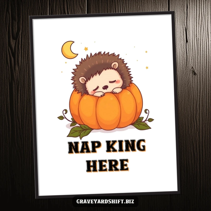 Funny sleepy hedgehog poster showing a cute hedgehog snuggled inside a pumpkin, dreaming peacefully of the night.