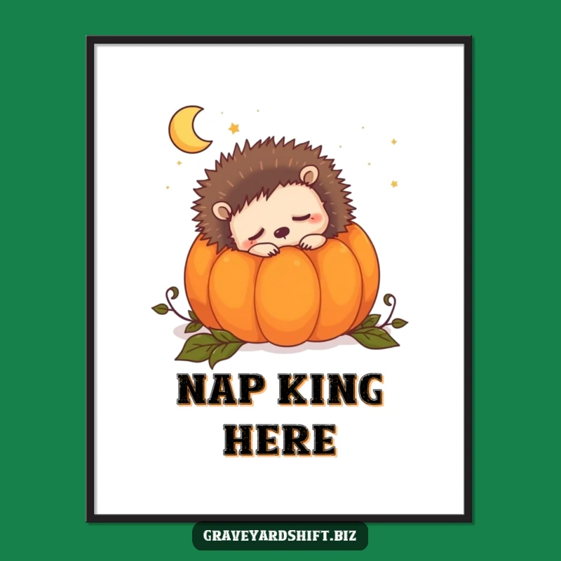 Funny Sleepy Hedgehog Poster: Cozy Autumn Art, Pumpkin Dreams, Cute Nocturnal Print