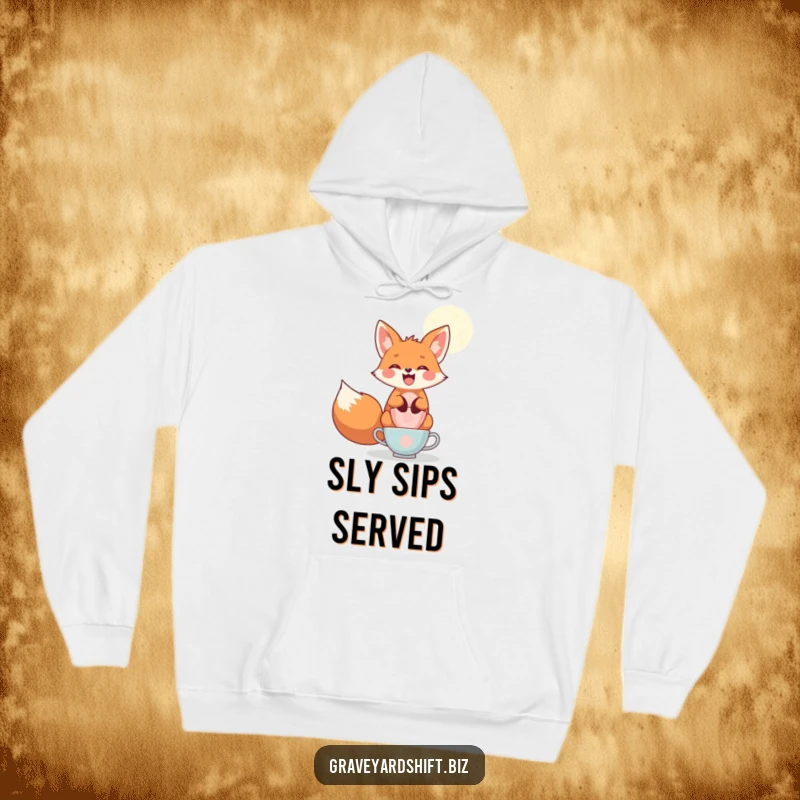 Funny playful fox hoodie, wide grin, balancing teacups under moonlight, perfect for cozy and humorous evenings.