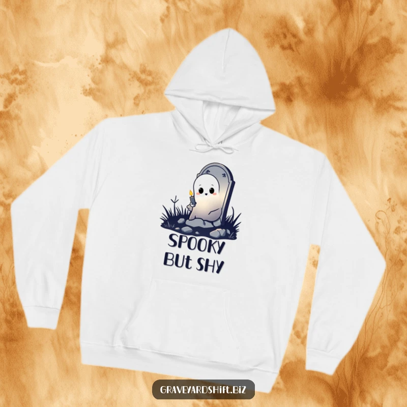 Funny shy ghost hoodie peeking from tombstone, holding flickering candle, perfect for cozy and humorous relaxation.