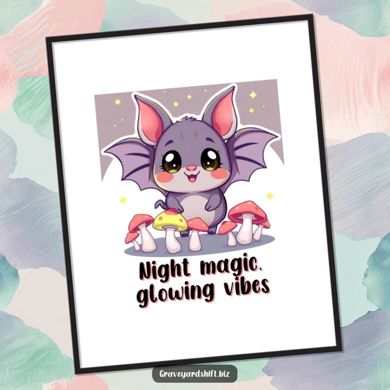 Funny Free Printable Bat Art: A cheerful bat with wide eyes juggles glowing mushrooms under the moonlight, creating enchanting nighttime decor.
