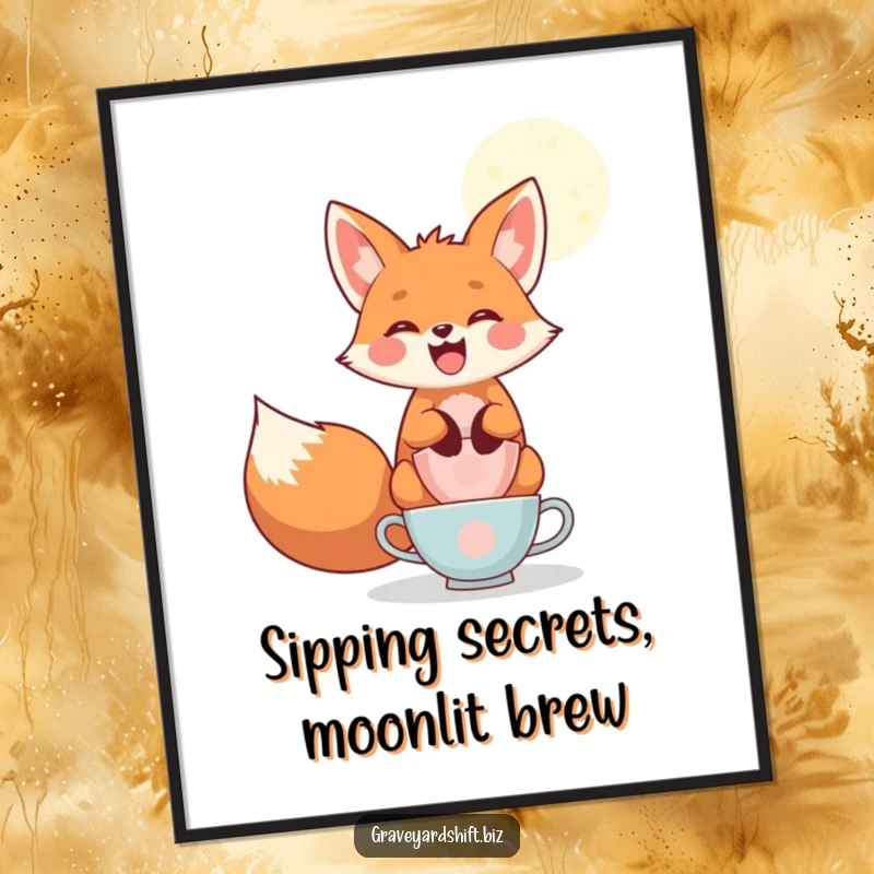 Funny Free Printable Fox Wall Art: A playful fox grins while balancing a stack of teacups under a bright moon, creating whimsical decor.