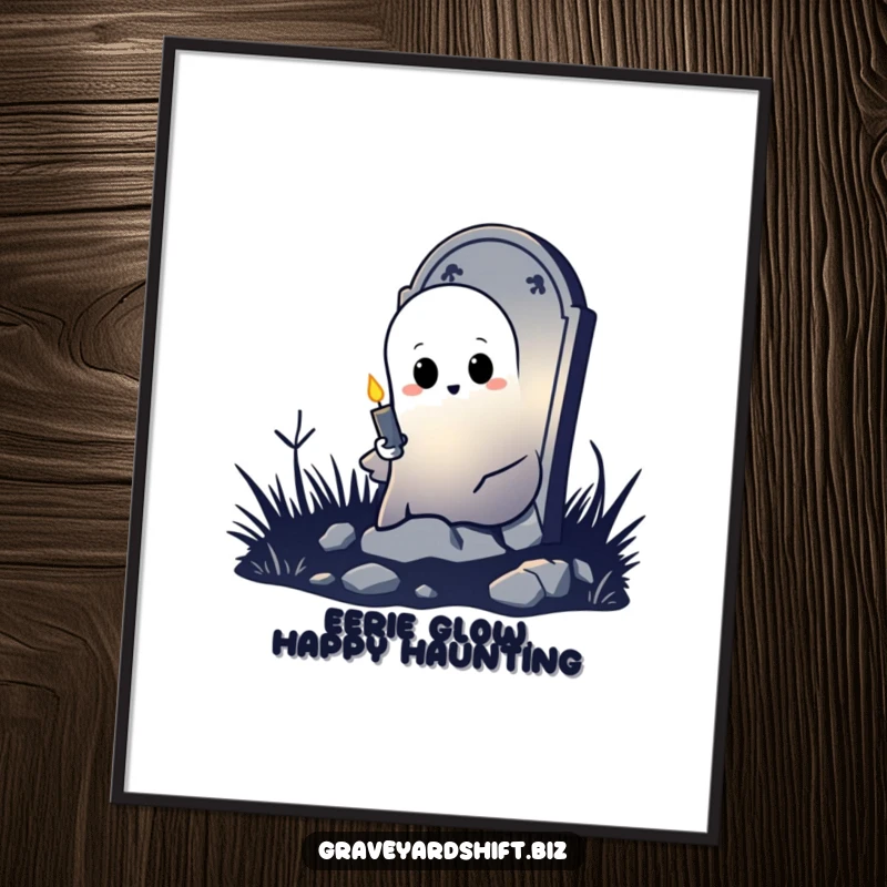 Funny Free Printable Ghost Wall Art: A shy ghost peeks from behind a tombstone holding a flickering candle, creating a playful Halloween atmosphere.