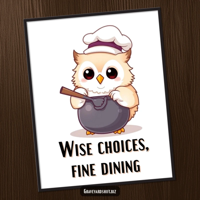 Funny Free Printable Owl Chef Wall Art: A fluffy owl in a tiny chef hat joyfully stirs a bubbling cauldron, perfect for kitchen decor.