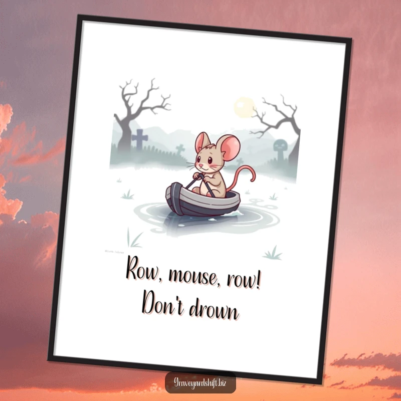 Funny Free Printable Wall Art: A determined mouse pilots a small boat across a misty, eerie graveyard lake.
