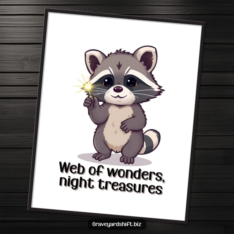 Funny Free Printable Raccoon Wall Art: A curious raccoon Pokes a luminous spiderweb with its paw, creating intriguing nighttime decor.