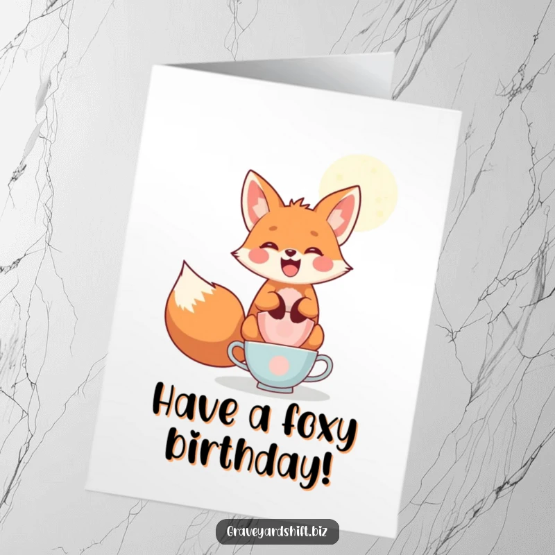 Funny Free Printable Fox Birthday Card: A playful fox grins while balancing teacups under moonlight, wishing a tea-riffic birthday.