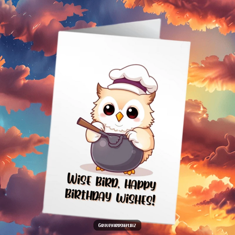 Funny Free Printable Owl Chef Birthday Card: A fluffy owl in a chef hat joyfully stirs a magic cauldron, ready to bake up some birthday fun.