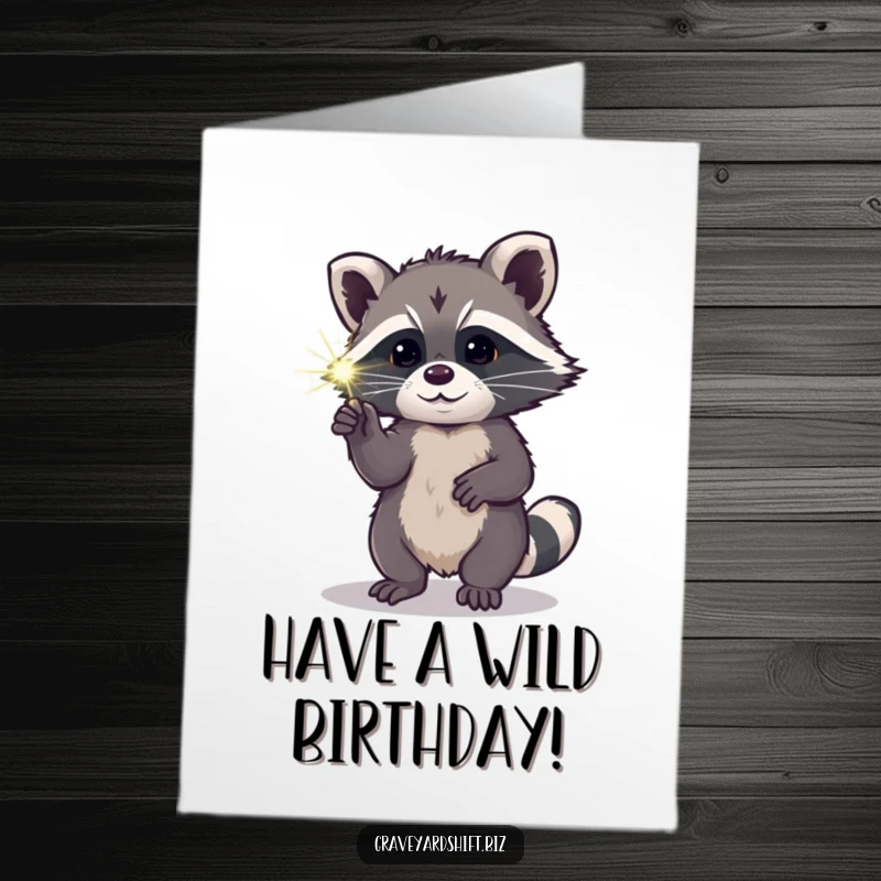 Funny Free Printable Raccoon Birthday Card: A curious raccoon pokes a luminous spiderweb, wishing a birthday full of fun discoveries.