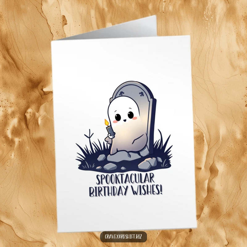 Funny Free Printable Ghost Birthday Card: A shy ghost peeks from behind a tombstone holding a candle, wishing a happy and spooky birthday.