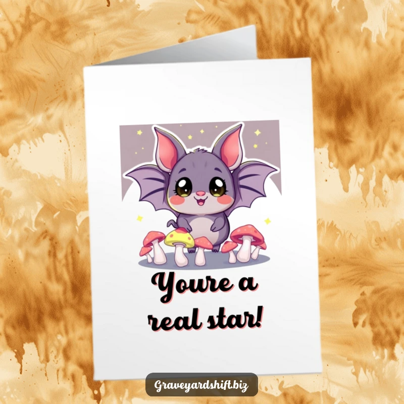 Funny Free Printable Bat Congratulations Card: A cheerful bat juggles glowing mushrooms, celebrating an achievement with dazzling, nocturnal excitement.