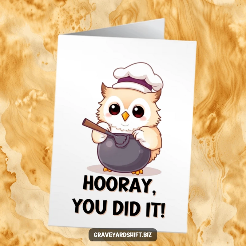 Funny Free Printable Owl Chef Congratulations Card: A joyful owl wearing a chef hat stirs a cauldron, celebrating a big achievement with culinary flair.