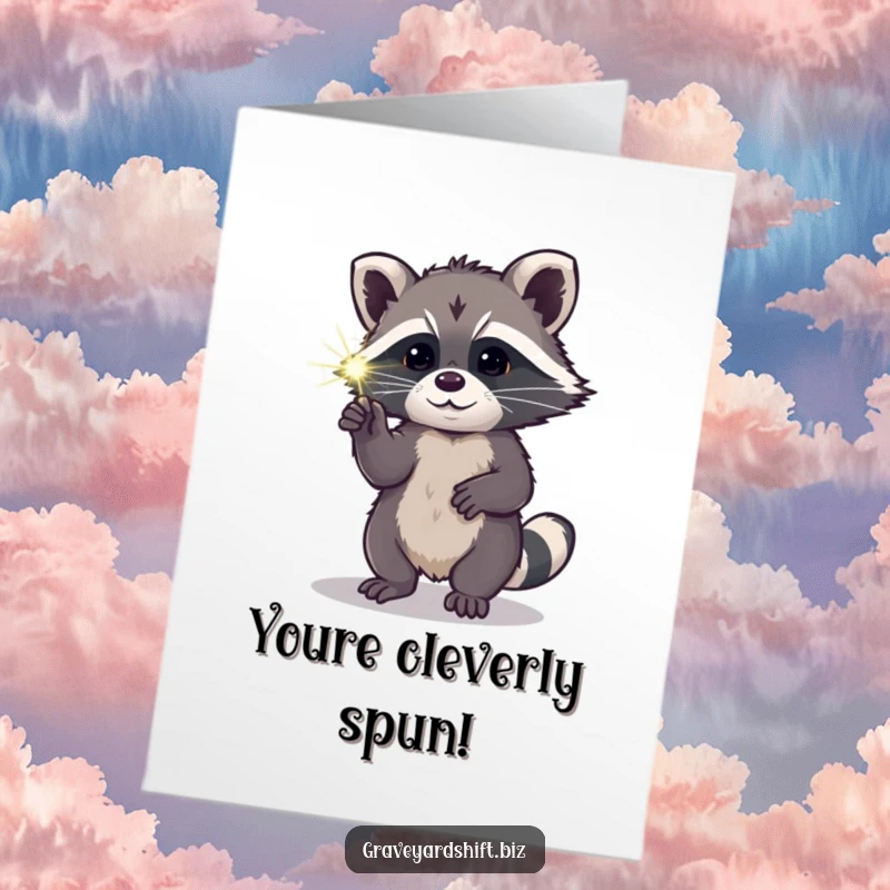 Funny Free Printable Raccoon Congratulations Card: A curious raccoon pokes a luminous spiderweb, celebrating a clever achievement with delight.