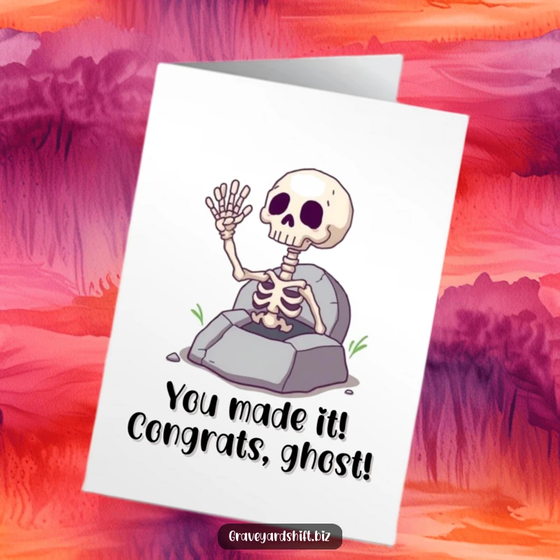 Funny Free Printable Congrats Card: Giggling skeleton hand popping out of a cracked grave, giving a thumbs up.