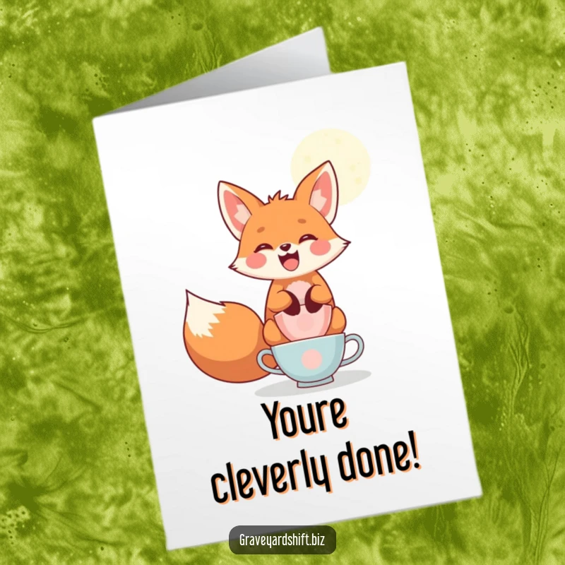 Funny Free Printable Fox Congratulations Card: A playful fox balances teacups under moonlight, celebrating a successful achievement with a wide grin.