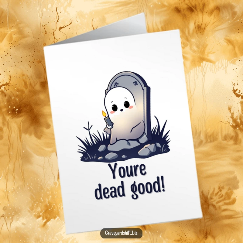 Funny Free Printable Ghost Congratulations Card: A shy ghost peeks from behind a tombstone with a candle, celebrating a ghostly achievement.