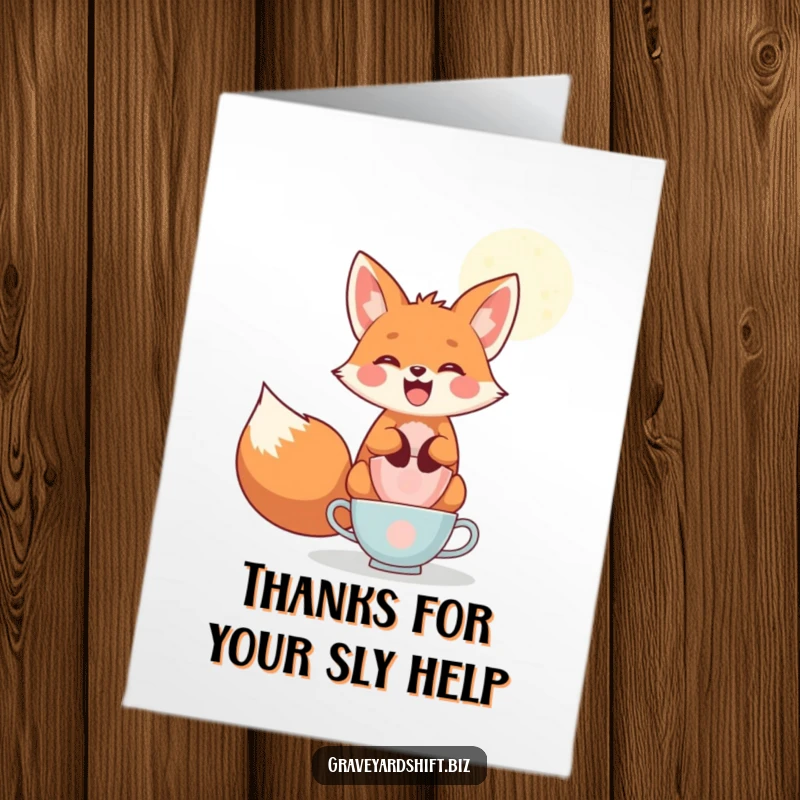 Funny Free Printable Fox Thank You Card: A playful fox balances teacups under moonlight, offering a charming and witty thank you.