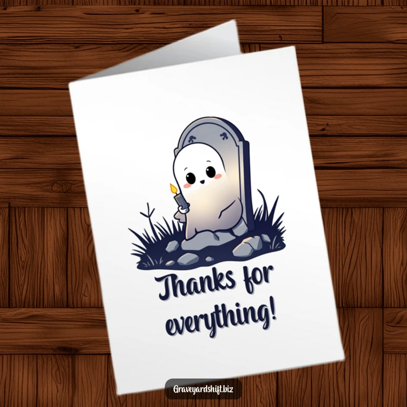 Funny Free Printable Ghost Thank You Card: A shy ghost holding a flickering candle peeks from behind a tombstone, offering a spectral thank you.