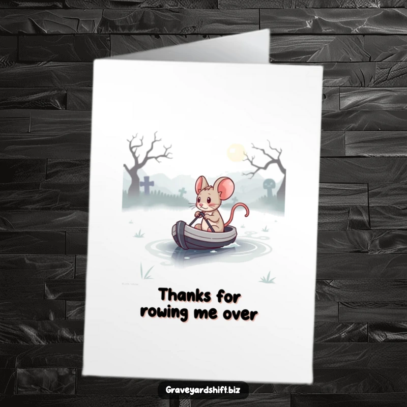 Funny Free Printable Thank You Card: A determined mouse steers a small boat across a misty graveyard lake.
