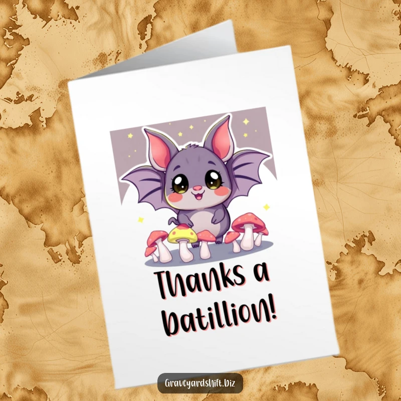 Funny Free Printable Bat Thank You Card: A cheerful bat juggles glowing mushrooms, sending a bright and unique thank you message.