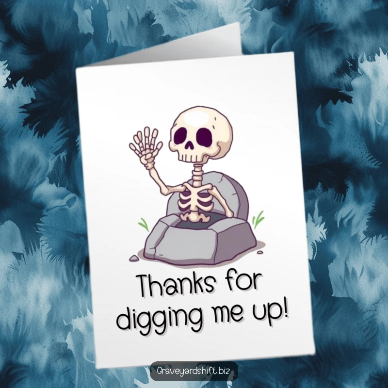 Funny Free Printable Thank You Card: A giggling skeleton hand waves enthusiastically from a cracked grave.