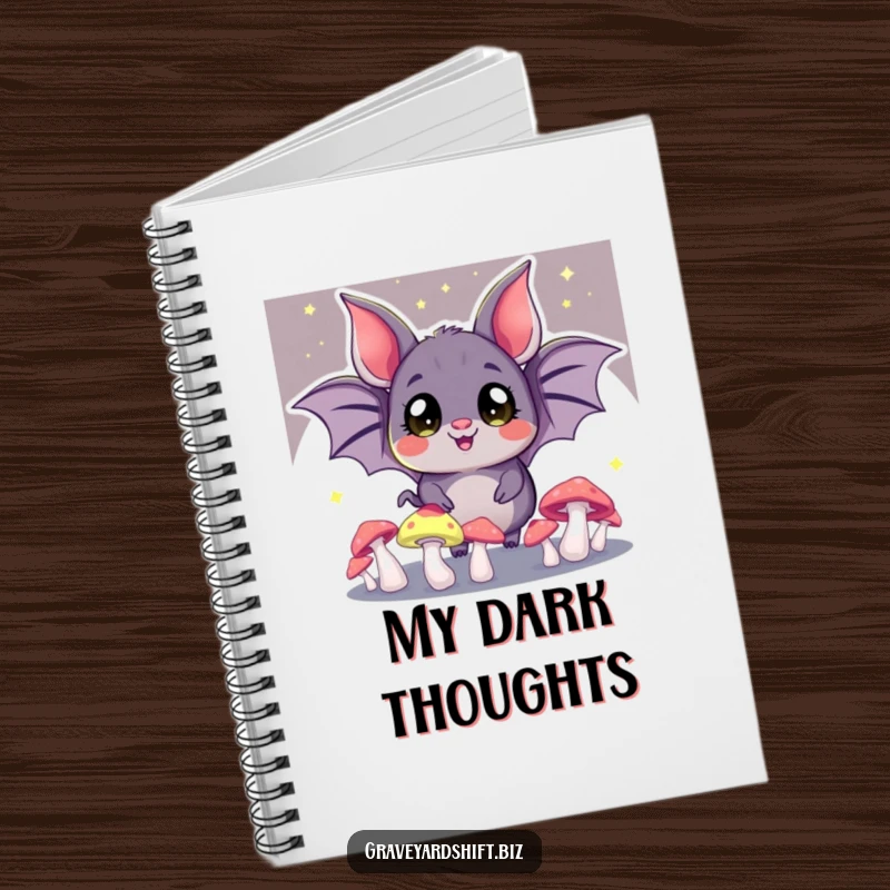 Funny bat juggling notebook, wide eyes, glowing mushrooms in the dark, perfect for jotting down magical notes.