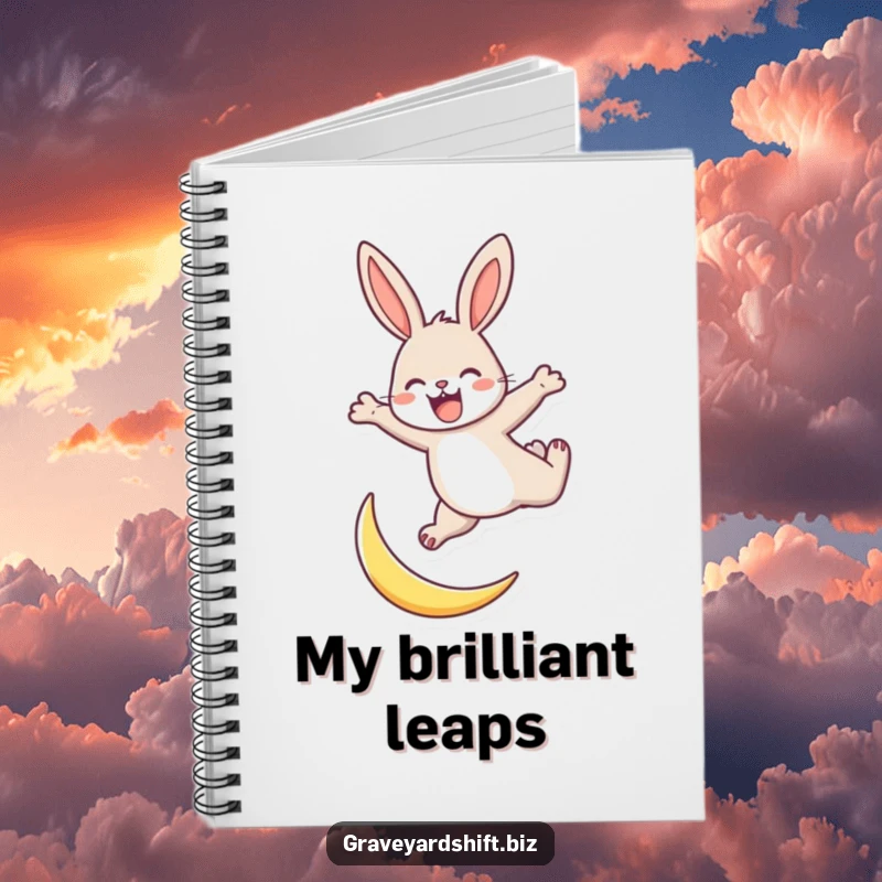 Funny energetic rabbit notebook with an energetic rabbit leaping over a tiny crescent moon on the cover.