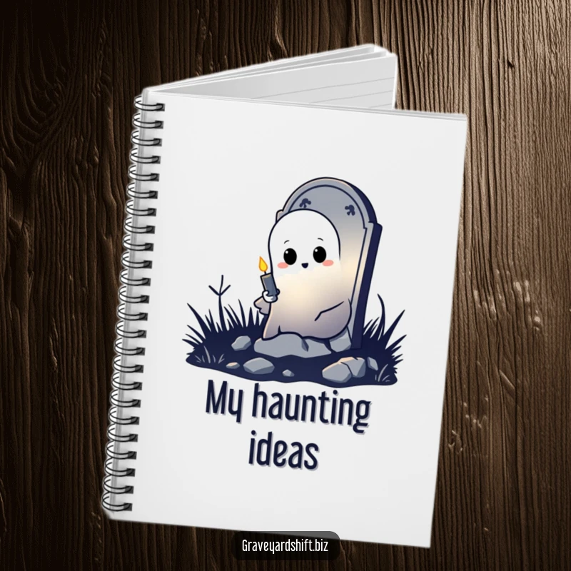 Funny shy ghost notebook peeking from tombstone, holding flickering candle, ideal for jotting down spooky notes.