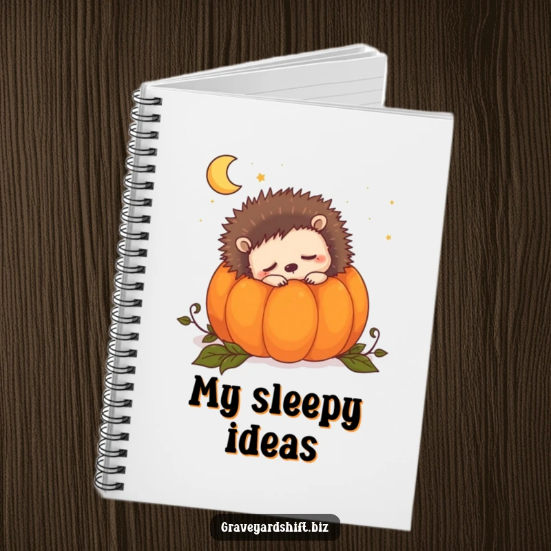 Funny sleepy hedgehog notebook with a cute hedgehog snuggled inside a pumpkin on the cover, dreaming.