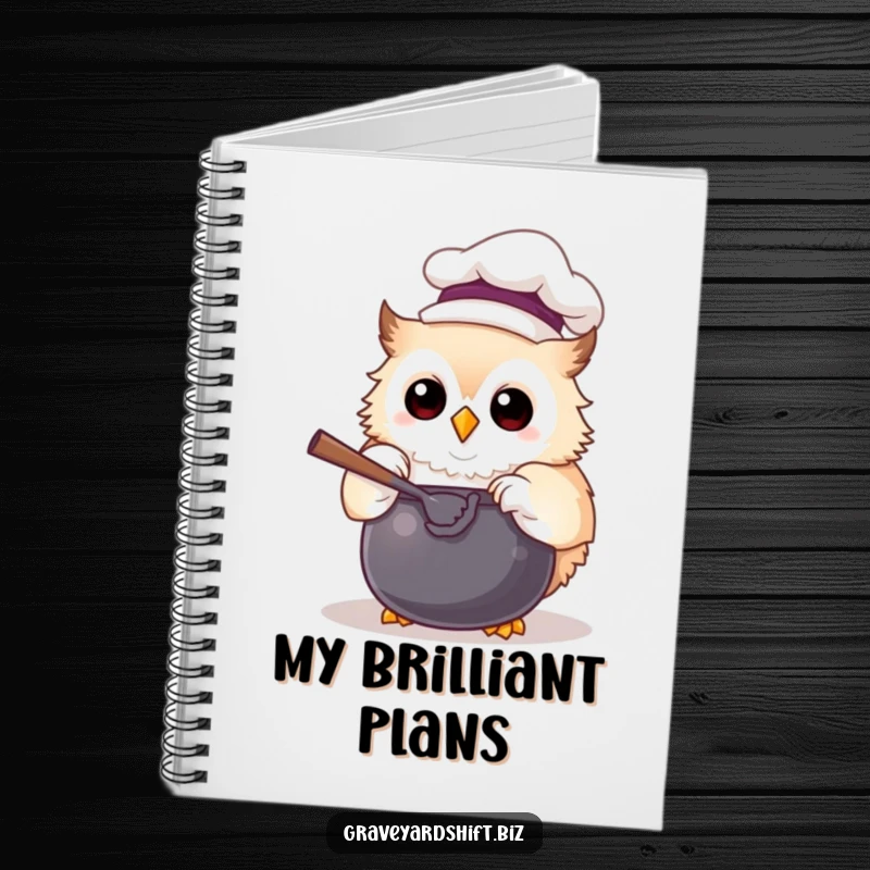 Funny chef owl notebook with a chef hat, joyfully stirring a cauldron, ideal for jotting down humorous notes.