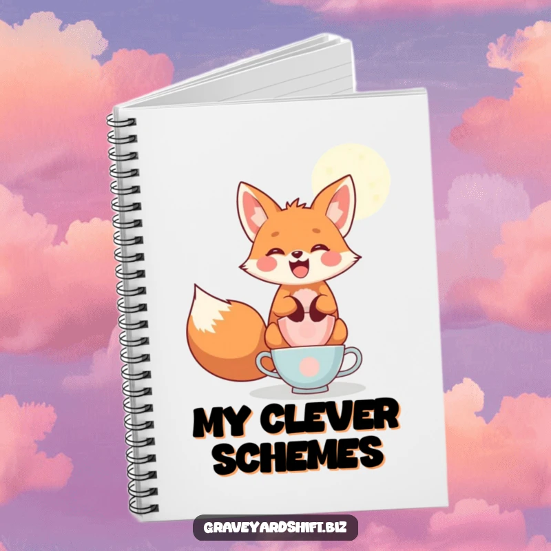 Funny playful fox notebook, wide grin, balancing teacups under moonlight, ideal for jotting down whimsical notes.