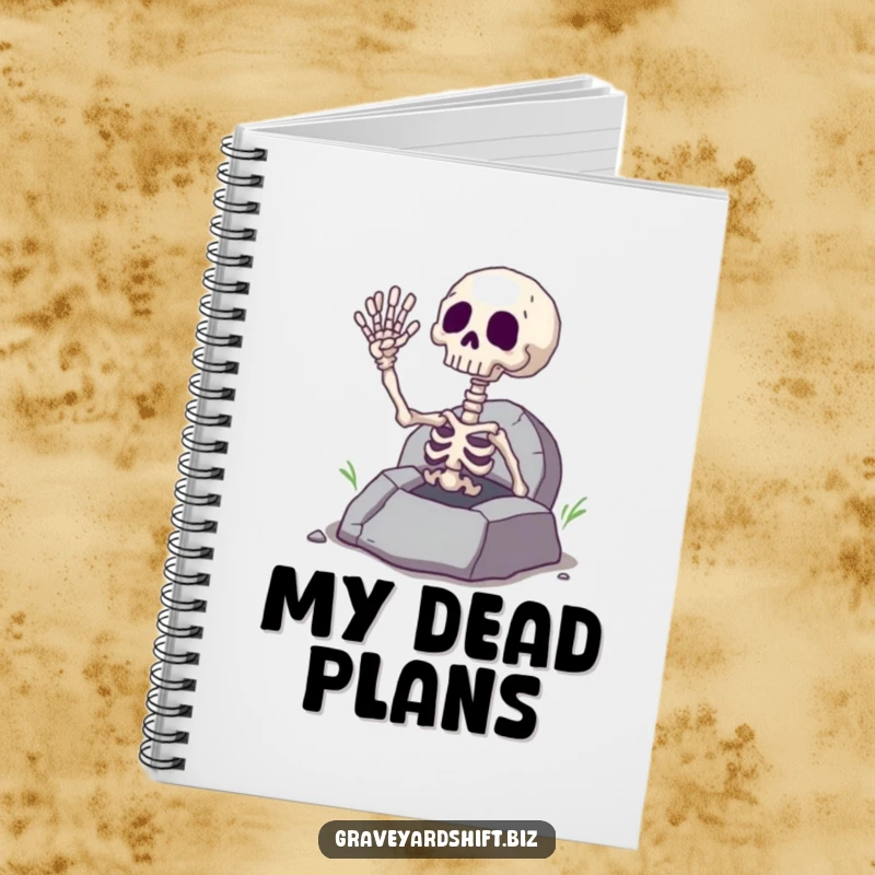 Funny giggling skeleton hand peeking from a cracked grave, on the cover of a notebook for spooky scribbles.
