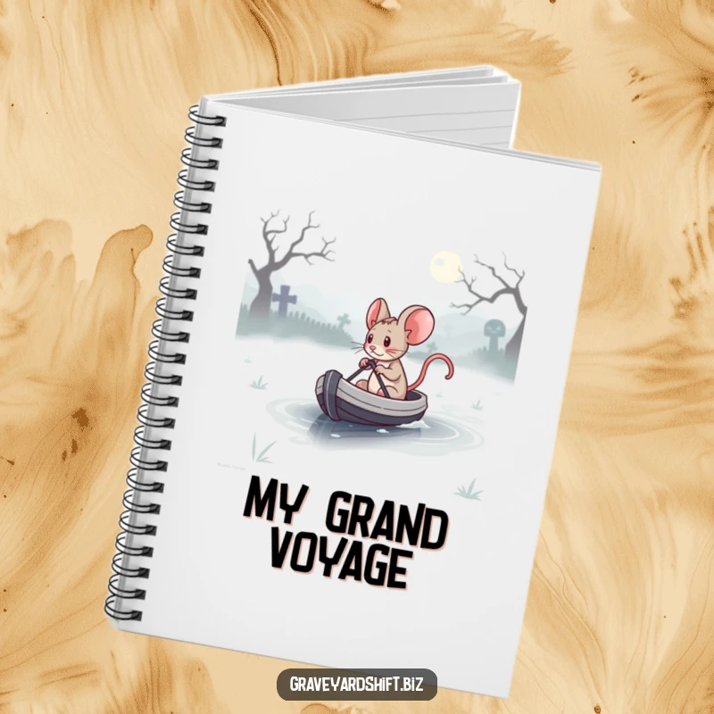 Funny determined mouse in a boat on a misty graveyard lake, on the cover of a notebook for intrepid thinkers.