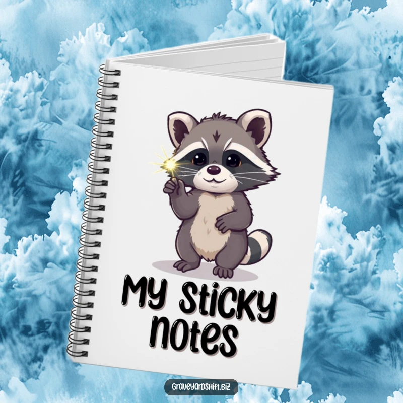 Funny curious raccoon notebook poking luminous spiderweb with paw, ideal for jotting down curious notes.