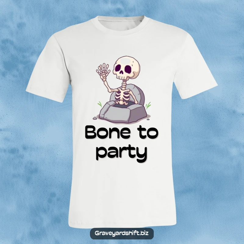Funny giggling skeleton hand emerging from a cracked grave, printed on a comfortable t-shirt for Halloween enthusiasts.