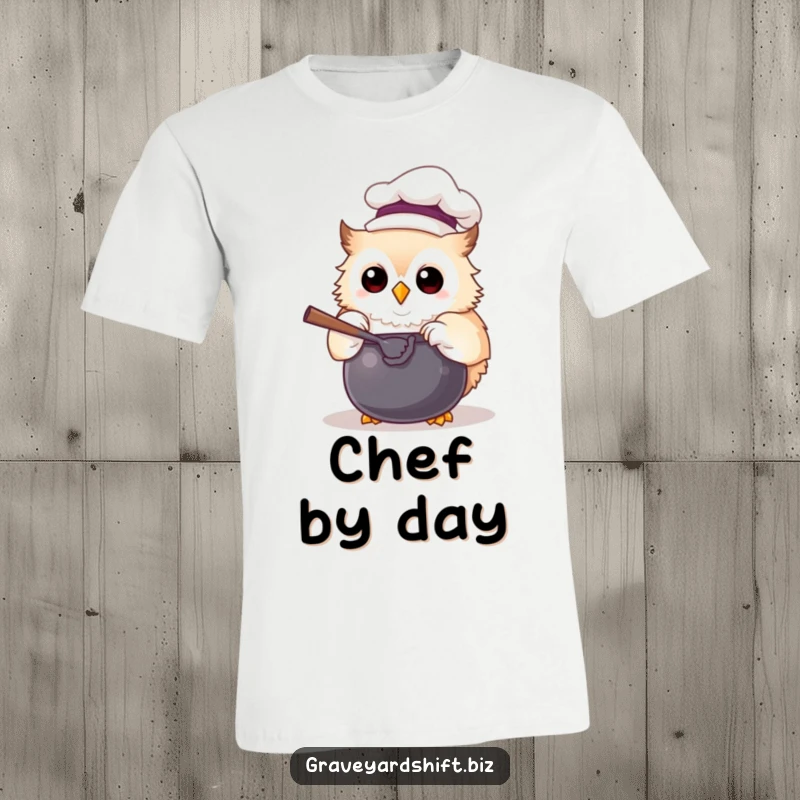 Funny chef owl t-shirt with a tiny hat, joyfully stirring a cauldron, ideal for a humorous foodie wardrobe.