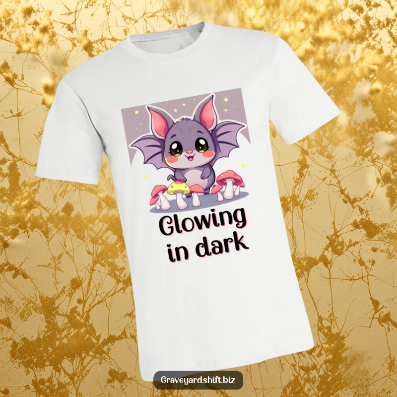 Funny bat juggling t-shirt, wide eyes, glowing mushrooms in the dark, ideal for magical and humorous fashion.