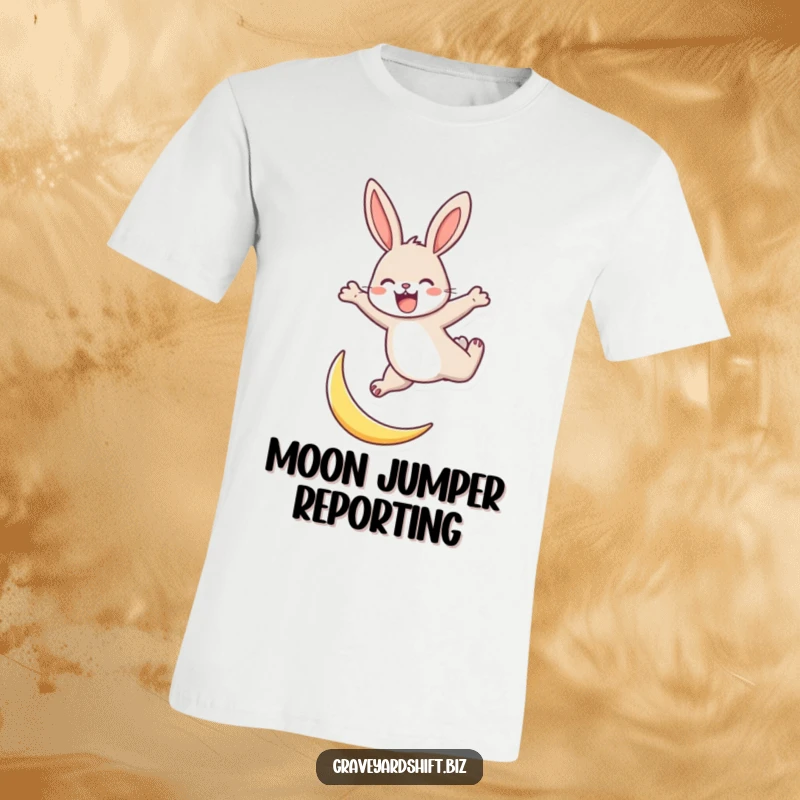 Funny energetic rabbit t-shirt depicting a joyful rabbit leaping high over a tiny crescent moon with enthusiasm.
