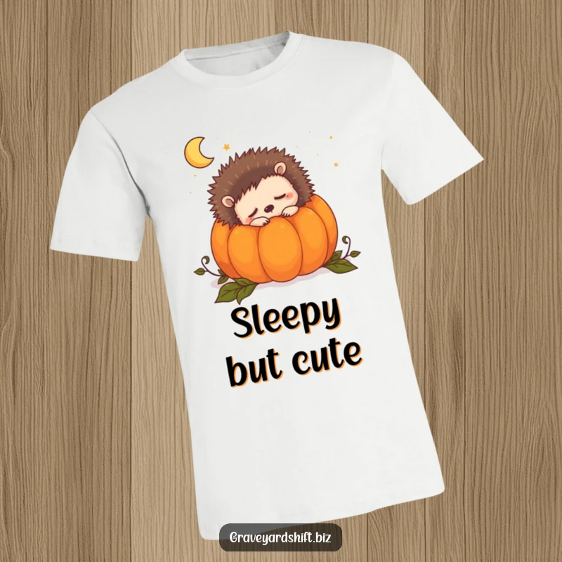 Funny sleepy hedgehog t-shirt depicting a cute hedgehog snoozing inside a pumpkin, dreaming of nocturnal adventures.
