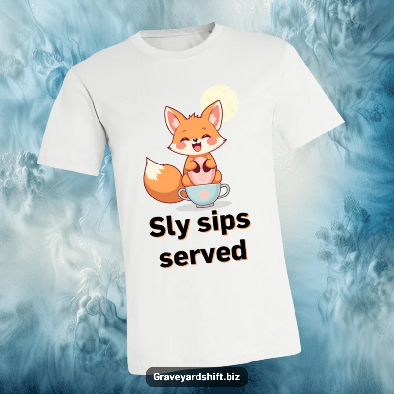 Funny playful fox t-shirt, wide grin, balancing teacups under moonlight, ideal for whimsical and humorous fashion.
